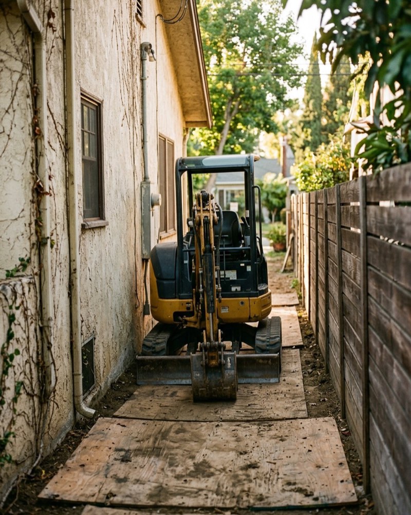 Compact excavator in a narrow side yard between a house and a fence